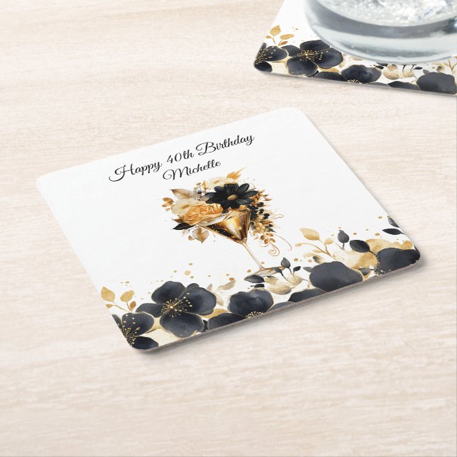 Black Gold Floral Cocktail Drinks 40th Birthday Square Paper Coaster (Angled)