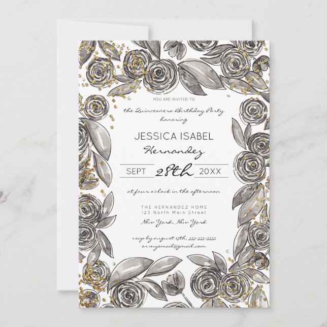 Black Gold Floral Confetti Watercolor Quinceañera Invitation (Front)
