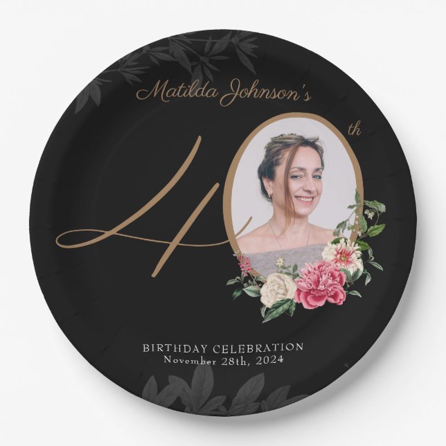 Black Gold Floral Custom Photo 40th Birthday  Paper Plate (Front)