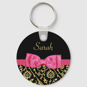 Black Gold Floral Damask Pink Bow and Chic Name Key Ring