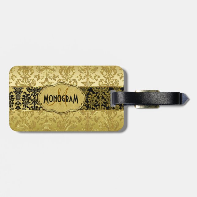 Black & Gold Floral Damasks Customised Luggage Tag (Back Horizontal)