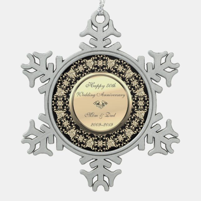 Black Gold Floral Diamond 50th Wedding Anniversary Snowflake Pewter Christmas Ornament (Front)