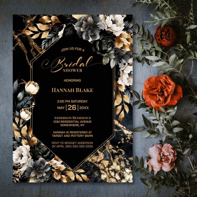 Black Gold Floral Geometric Bridal Shower Invitation (Creator Uploaded)