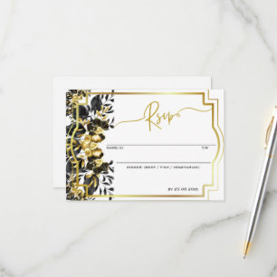 Black Gold Floral Geometric Monogram Back Wedding RSVP Card
