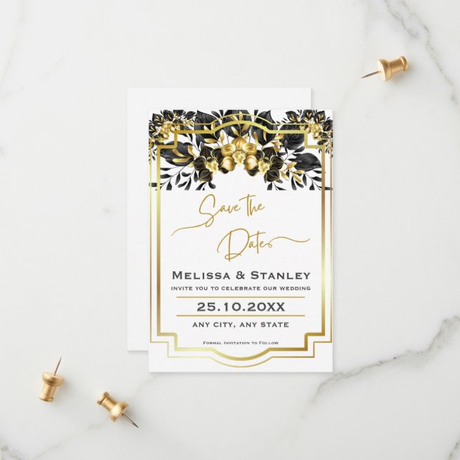 Black Gold Floral Geometric Monogram Back Wedding Save The Date (Front/Back In Situ)