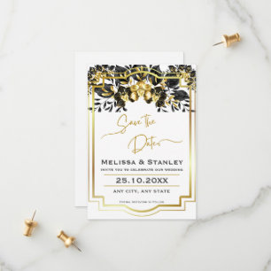 Black Gold Floral Geometric Monogram Back Wedding Save The Date