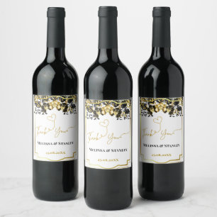 Black Gold Floral Geometric Monogram Back Wedding Wine Label