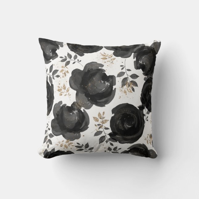 Black Gold Floral Glam Leaves Shabby Chic Cushion (Front)