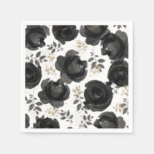 Black Gold Floral Glam Leaves Wedding Napkin