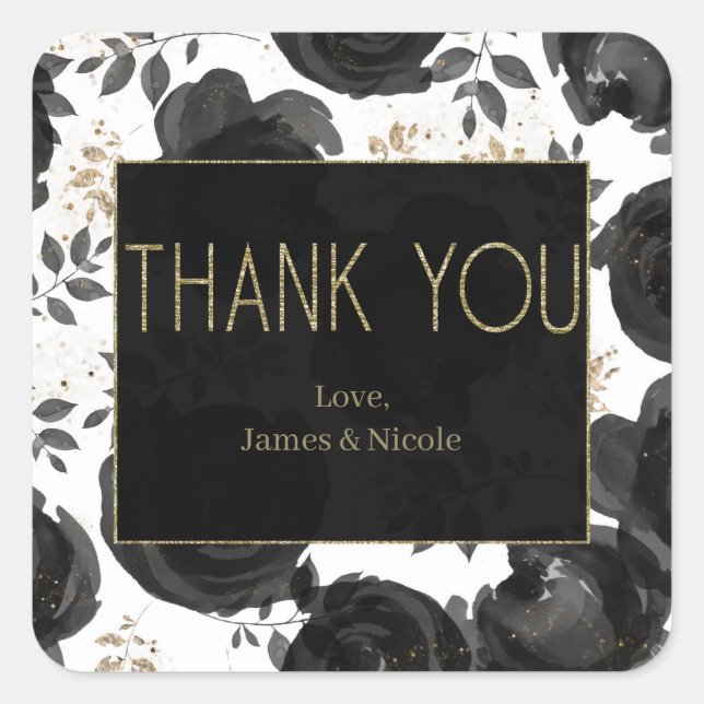 Black Gold Floral Glam Leaves Wedding Square Sticker (Front)