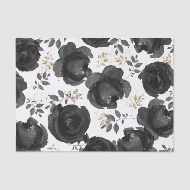 Black Gold Floral Glam Leaves Wedding Tissue Paper (Front)