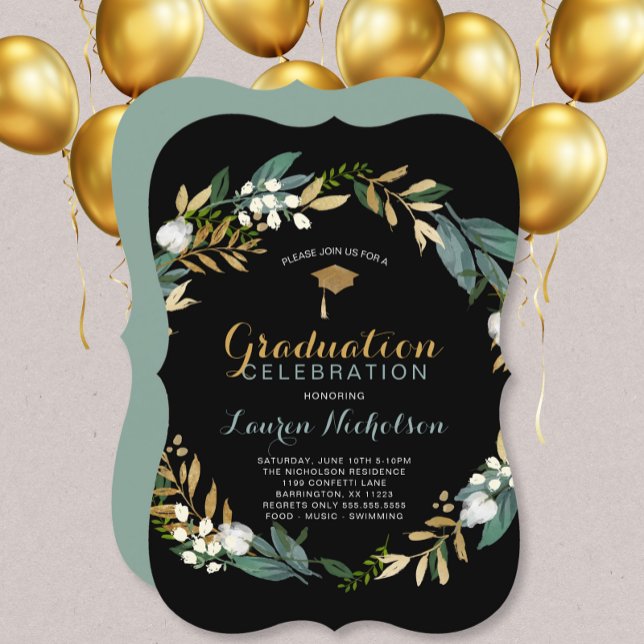 Black Gold Floral Graduation Invitation (Creator Uploaded)