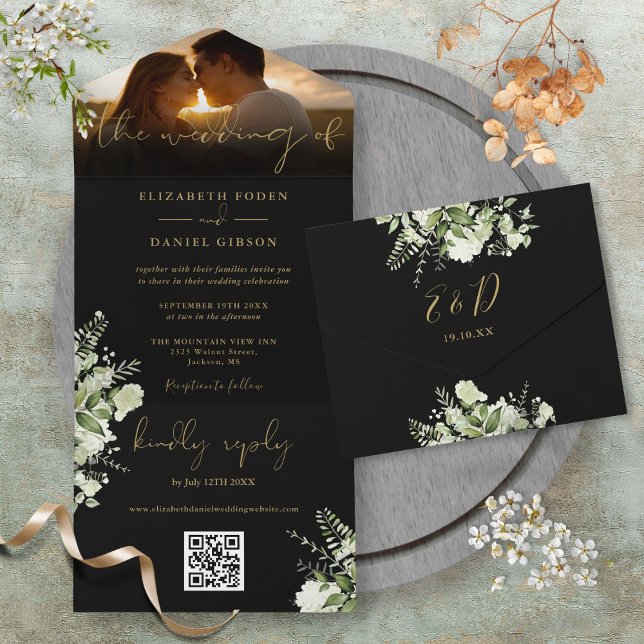 Black Gold Floral Greenery QR Code Wedding Photo All In One Invitation (Black Gold Floral Greenery QR Code Wedding Photo All In One Invitation)