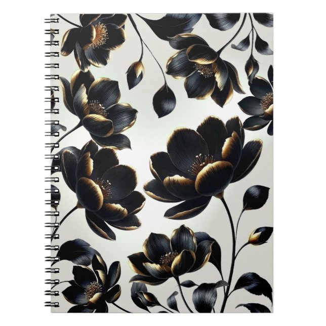 Black & Gold Floral Greige Elegant Dark Moody Notebook (Front)