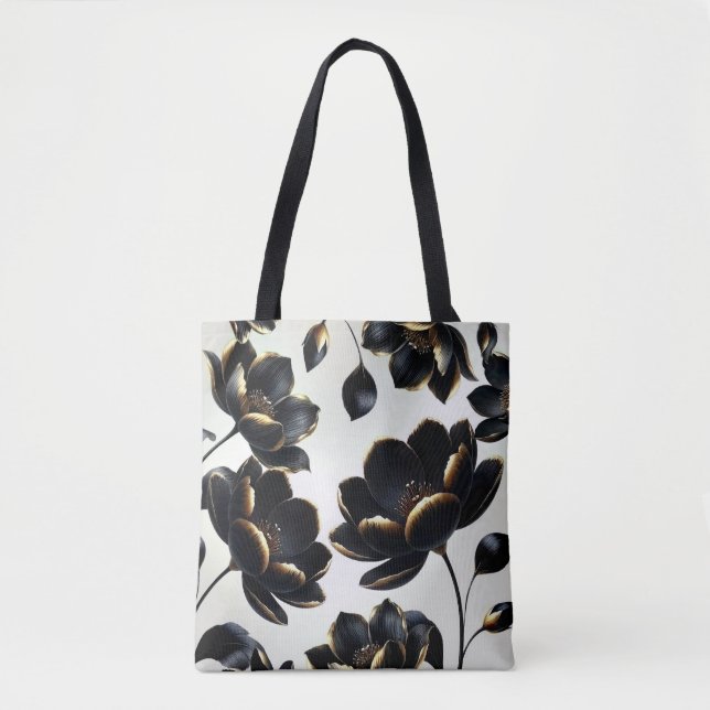Black & Gold Floral Greige Elegant Dark Moody Tote Bag (Front)