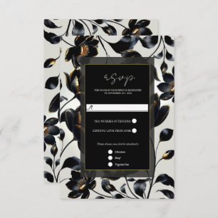 Black & Gold Floral Greige Elegant Wedding RSVP