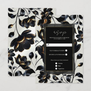 Black & Gold Floral Greige Elegant Wedding RSVP Card