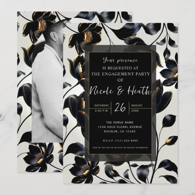Black & Gold Floral Greige Engagement Invitation (Front/Back)