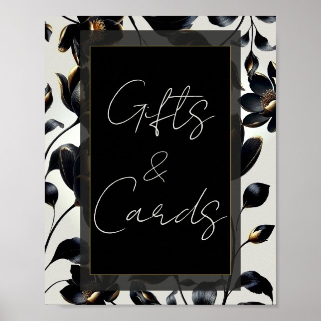 Black Gold Floral Greige Wedding Gifts Cards Sign (Front)