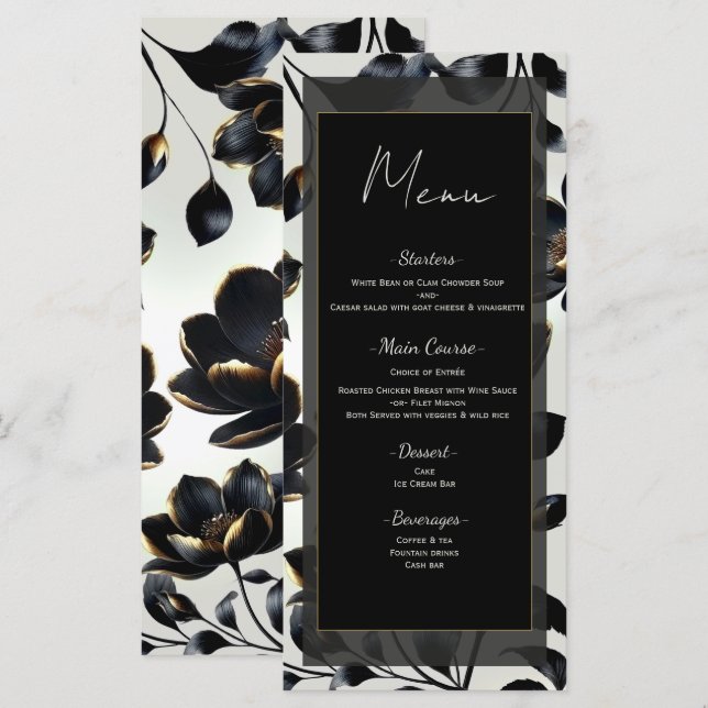 Black & Gold Floral Greige Wedding Menu (Front/Back)