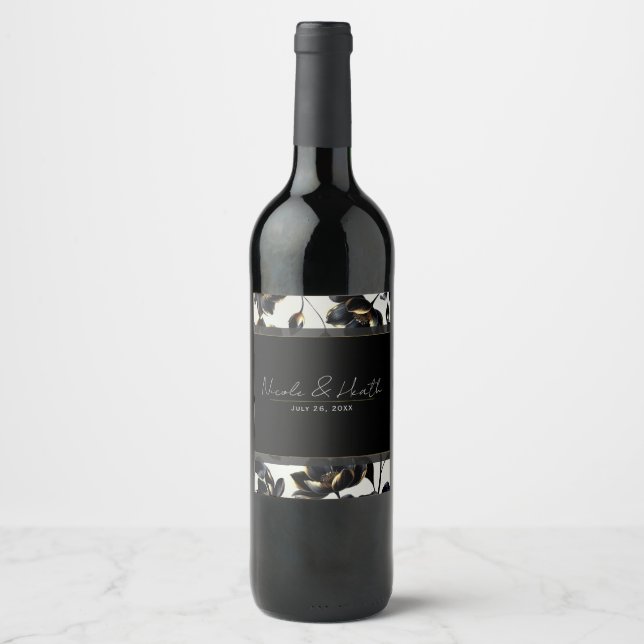 Black & Gold Floral Greige Wedding  Wine Label (Front)
