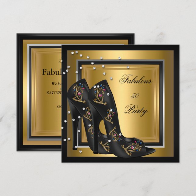 Black Gold Floral High Heels Womans Birthday Party Invitation (Front/Back)