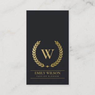 BLACK GOLD FLORAL LAUREL WREATH INITIAL MONOGRAM BUSINESS CARD