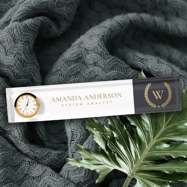 BLACK GOLD FLORAL LAUREL WREATH INITIAL MONOGRAM NAMEPLATE (Creator Uploaded)