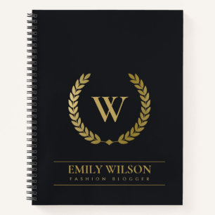 BLACK GOLD FLORAL LAUREL WREATH INITIAL MONOGRAM NOTEBOOK