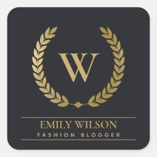 BLACK GOLD FLORAL LAUREL WREATH INITIAL MONOGRAM SQUARE STICKER
