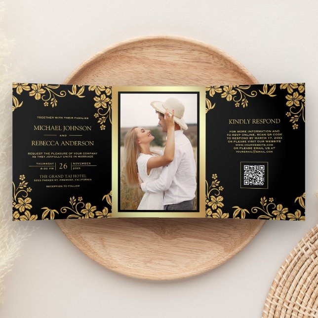 Black Gold Floral Leaves QR Code Wedding Tri-Fold Invitation (Creator Uploaded)