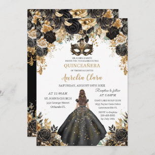 Black Gold Floral Masquerade Ball Quinceañera Invitation