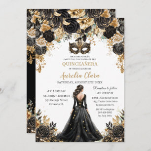 Black Gold Floral Masquerade Ball Quinceañera Invitation