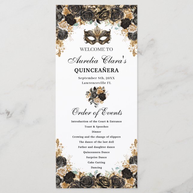 Black Gold Floral Masquerade Mask Quinceañera  Programme (Front)