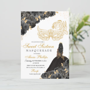 Black & Gold Floral Masquerade Sweet 16 Invitation