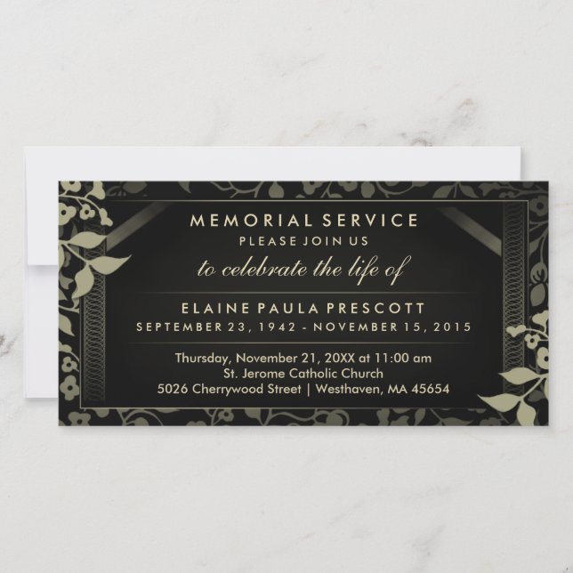Black & Gold Floral Memorial Service Invitation (Front)