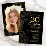 Black Gold Floral Photo 30th Birthday Party Invitation<br><div class="desc">Black gold floral 30th Birthday party invitation with your photo at the back of the card. Minimalist modern design featuring botanical outline drawings accents, faux gold foil and typography script font. Simple trendy invite card perfect for a stylish female bday celebration. Can be customised to any age. Printed Zazzle invitations...</div>