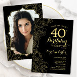 Black Gold Floral Photo 40th Birthday Party Invitation<br><div class="desc">Black gold floral 40th Birthday party invitation with your photo at the back of the card. Minimalist modern design featuring botanical outline drawings accents, faux gold foil and typography script font. Simple trendy invite card perfect for a stylish female bday celebration. Can be customised to any age. Printed Zazzle invitations...</div>
