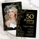 Black Gold Floral Photo 50th Birthday Party Invitation<br><div class="desc">Black gold floral 50th Birthday party invitation with your photo at the back of the card. Minimalist modern design featuring botanical outline drawings accents, faux gold foil and typography script font. Simple trendy invite card perfect for a stylish female bday celebration. Can be customised to any age. Printed Zazzle invitations...</div>