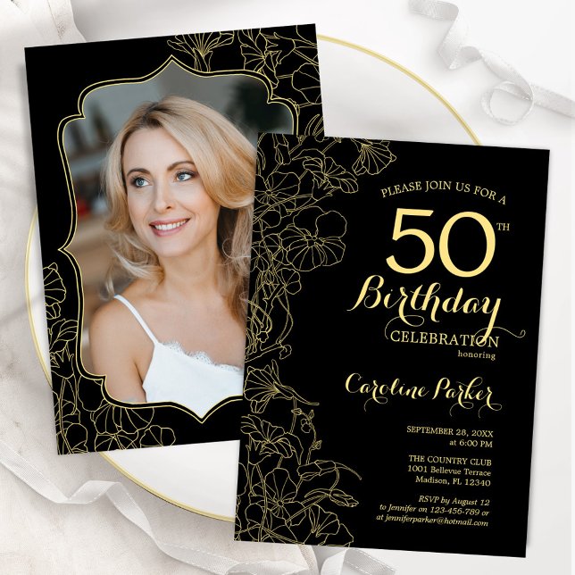 Black Gold Floral Photo 50th Birthday Party Invitation (Creator Uploaded)