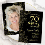 Black Gold Floral Photo 70th Birthday Party Invitation<br><div class="desc">Black gold floral 70th Birthday party invitation with your photo at the back of the card. Minimalist modern design featuring botanical outline drawings accents, faux gold foil and typography script font. Simple trendy invite card perfect for a stylish female bday celebration. Can be customised to any age. Printed Zazzle invitations...</div>