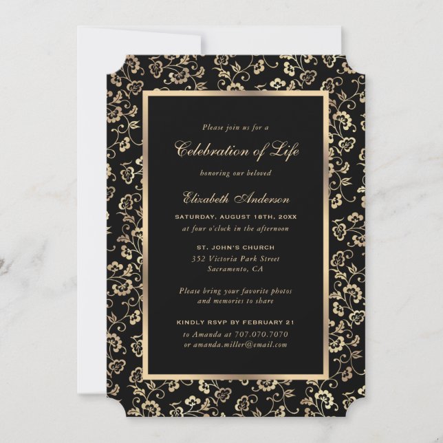 Black Gold Floral Photo Celebration of Life Invitation (Front)