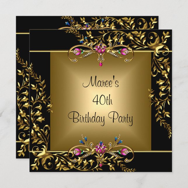 Black Gold Floral Pink 40th Birthday Party Invitation (Front/Back)