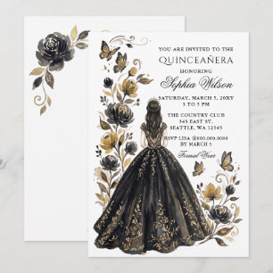 Black Gold Floral Princess Butterfly Quinceañera Invitation