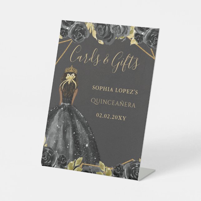 Black Gold Floral Princess Quinceanera    Pedestal Sign (Front)