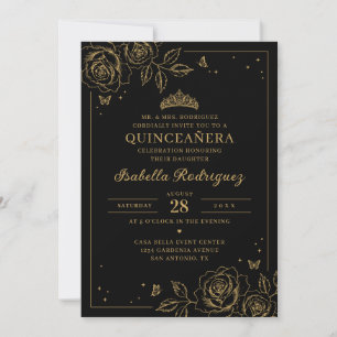 Black Gold Floral Quinceañera Invitation