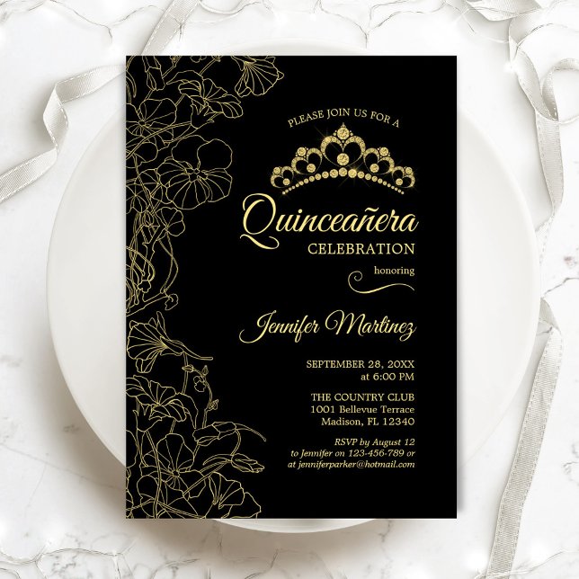 Black Gold Floral Quinceanera Party Invitation (Creator Uploaded)