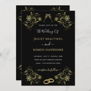 Black Gold Floral Rings Modern Wedding Invitation