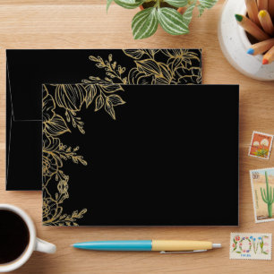 Black Gold Floral Rose Custom Wedding Envelopes
