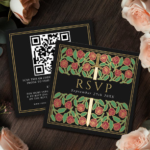 Black Gold Floral Royal Wedding RSVP QR Code Enclosure Card